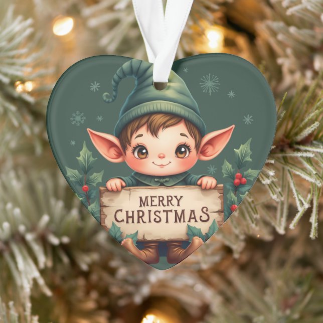 Cute Christmas Elf Holding Merry Sign Green Ornament (Baum)