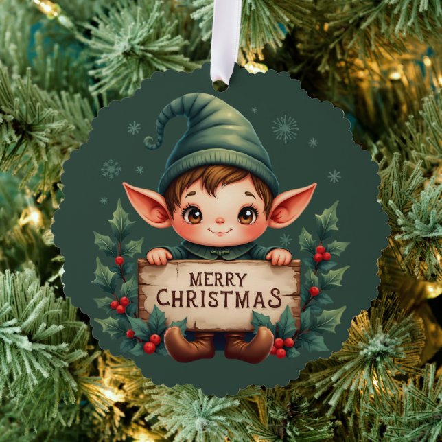Cute Christmas Elf Holding Merry Sign Green Ornament Karte (Insitu (Baum))