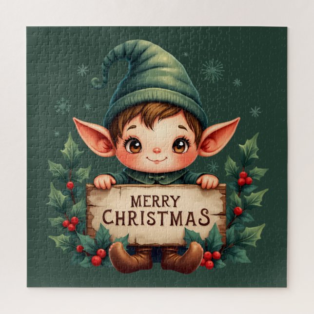 Cute Christmas Elf Holding Merry Sign Green Puzzle (Vertikal)