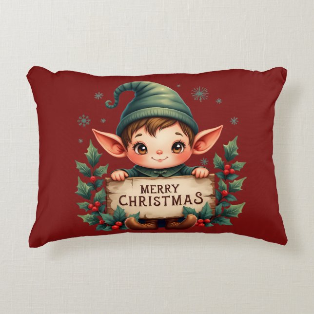 Cute Christmas Elf Holding Merry Sign Red Dekokissen (Vorderseite)