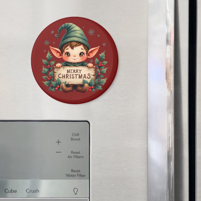 Cute Christmas Elf Holding Merry Sign Red Magnet (In Situ (Kühlschrank))