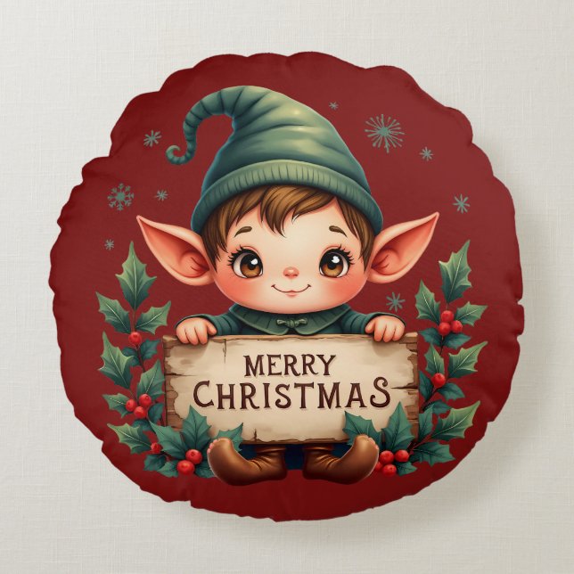 Cute Christmas Elf Holding Merry Sign Rundes Kissen (Vorderseite)