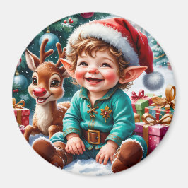Cute Christmas Elf & Reindeer Magnet