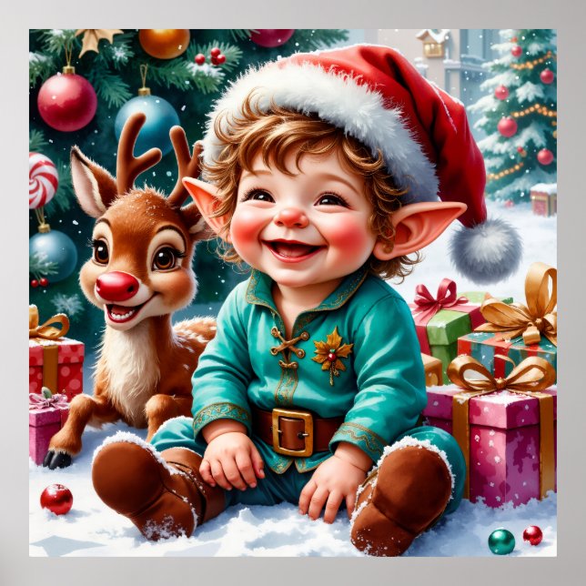 Cute Christmas Elf & Reindeer Poster (Vorne)