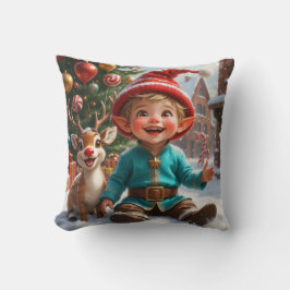 Cute Christmas Elf & Reindeer Throw Pillow Kissen