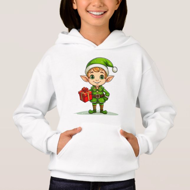 Cute Christmas Elf with Gift – Holiday Hoodie (Vorderseite)