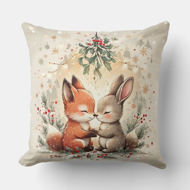 Cute Christmas Fox & Bunny Under Mistletoe Pillow Kissen (Vorderseite)