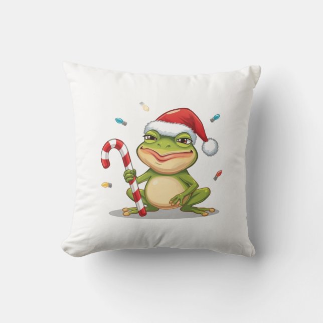 Cute Christmas Frog With Candy Cane - Funny Holida Kissen (Vorderseite)