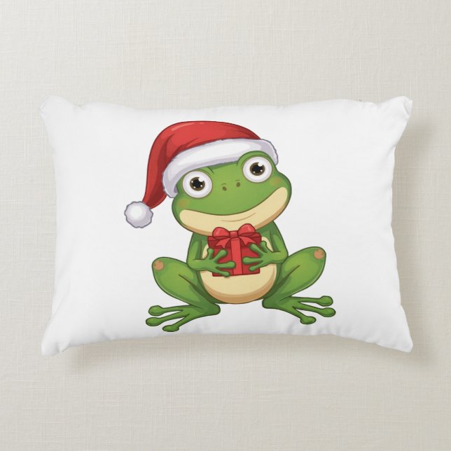 Cute Christmas Frog with Santa Hat and Gift |  Fun Dekokissen (Vorderseite)