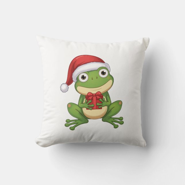 Cute Christmas Frog with Santa Hat and Gift |  Fun Kissen (Vorderseite)