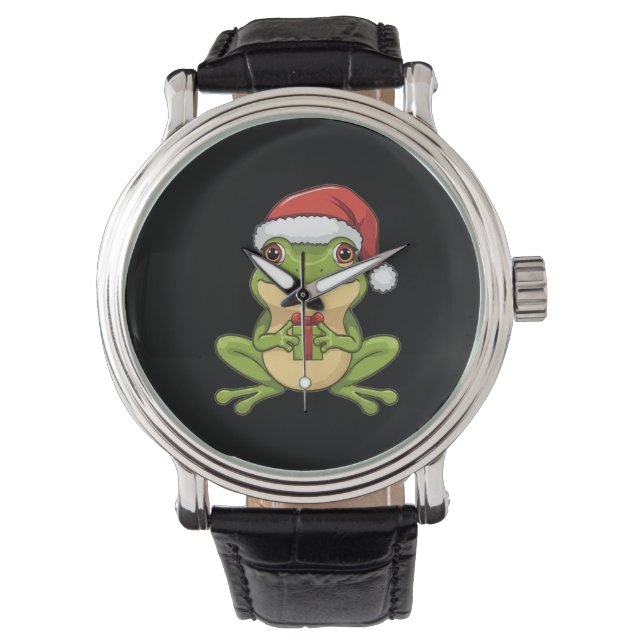 Cute Christmas Frog with Santa Hat Holding  Gift - Armbanduhr (Vorderseite)