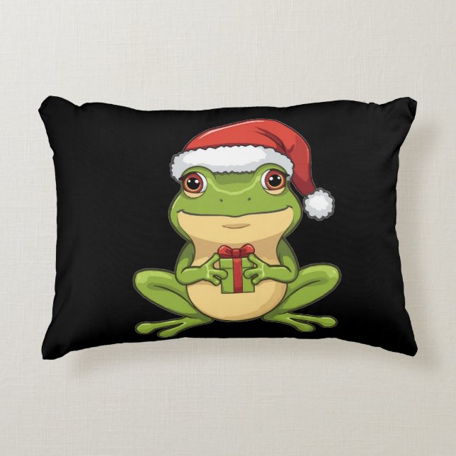 Cute Christmas Frog with Santa Hat Holding  Gift - Dekokissen (Vorderseite)