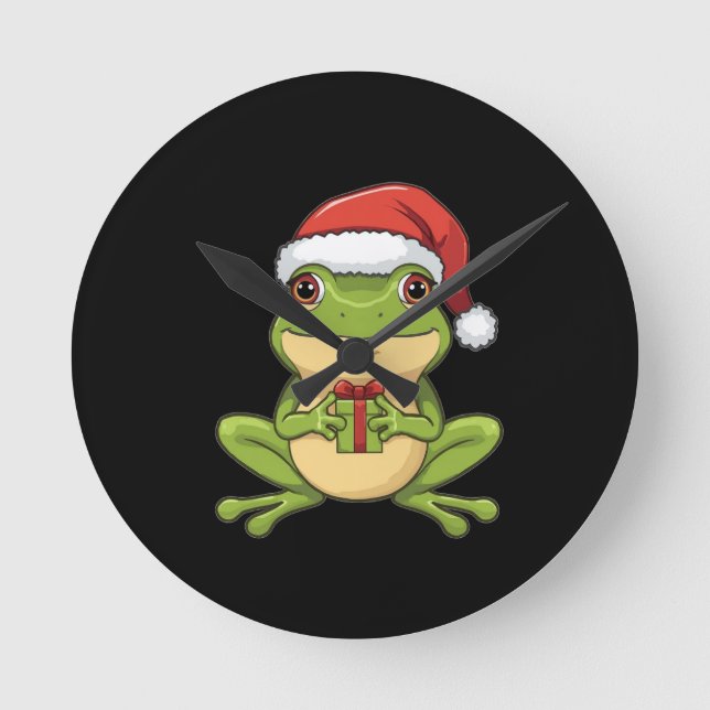 Cute Christmas Frog with Santa Hat Holding  Gift - Runde Wanduhr (Vorderseite)