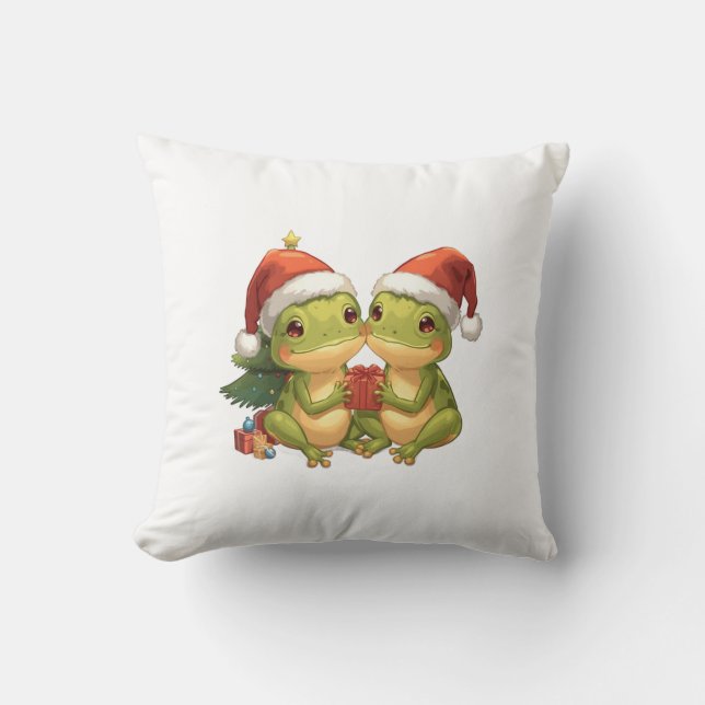 Cute Christmas Frogs Holding Gifts  Adorable Holid Kissen (Vorderseite)