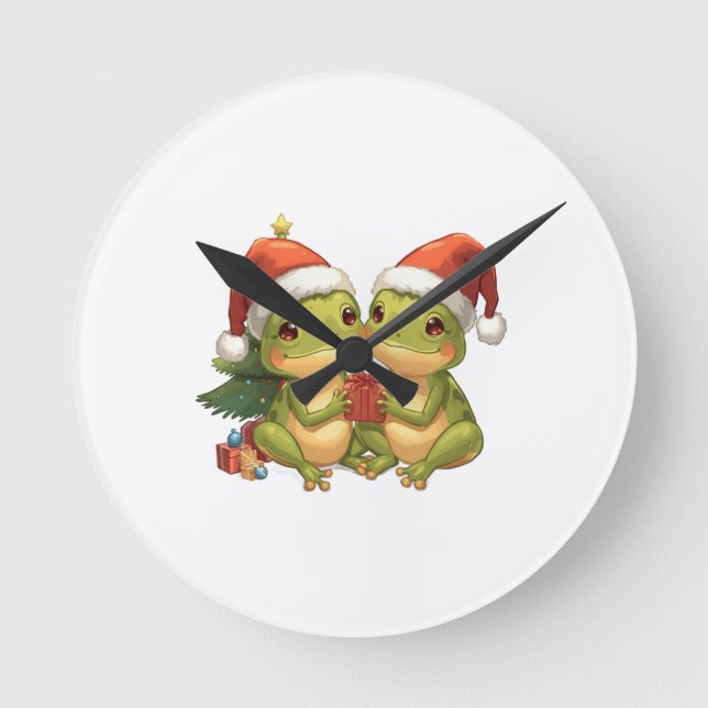 Cute Christmas Frogs Holding Gifts  Adorable Holid Runde Wanduhr (Vorderseite)