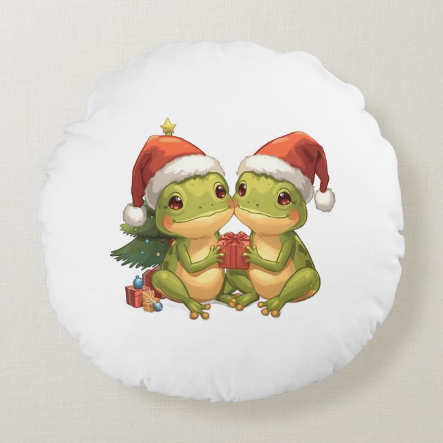 Cute Christmas Frogs Holding Gifts  Adorable Holid Rundes Kissen (Vorderseite)
