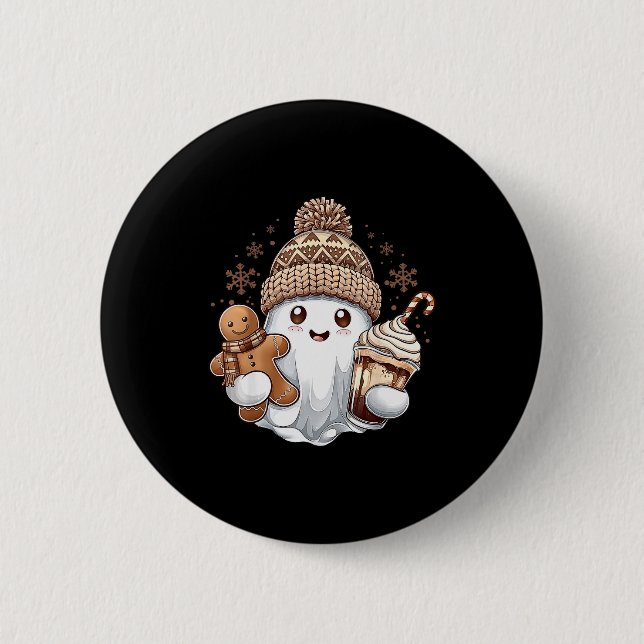 Cute Christmas Ghost Coffee Gingerbread Boojee Xma Button (Vorderseite)