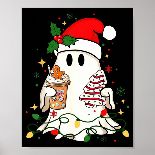 Cute Christmas Ghost Coffee Tree Cake Xmas Lights  Poster (Vorne)