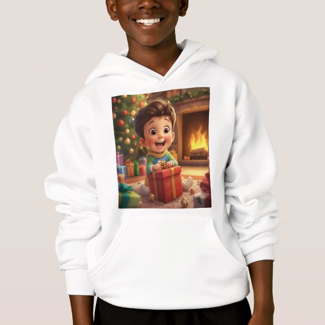 Cute Christmas Gift Opening Cartoon Kid Hoodie – H (Vorderseite)