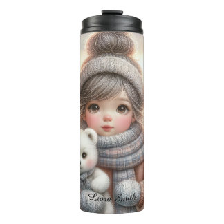 Cute Christmas Girl with Polar Teddy Bear, Thermo Thermosbecher
