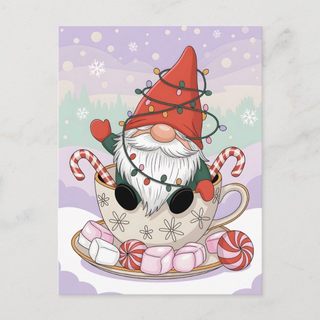 Cute Christmas Gnome in a Teacup Cartoon Postkarte (Vorderseite)