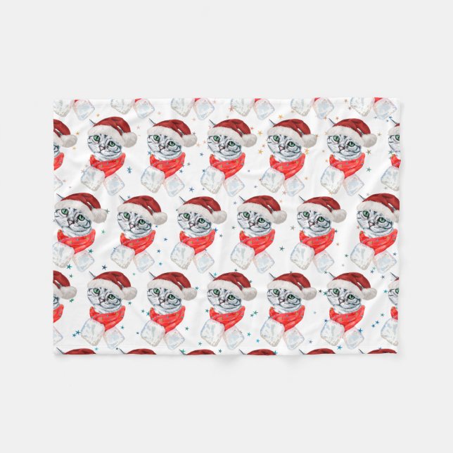 Cute Christmas Grey Tabby Cat Watercolor Fleecedecke (Vorderseite (Horizontal))