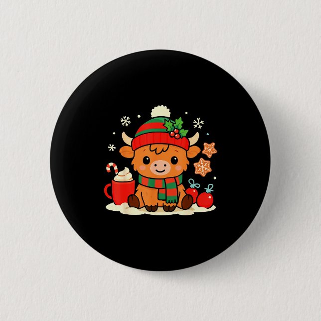 Cute Christmas Highland Cow Heifer Xmas Farm Anima Button (Vorderseite)