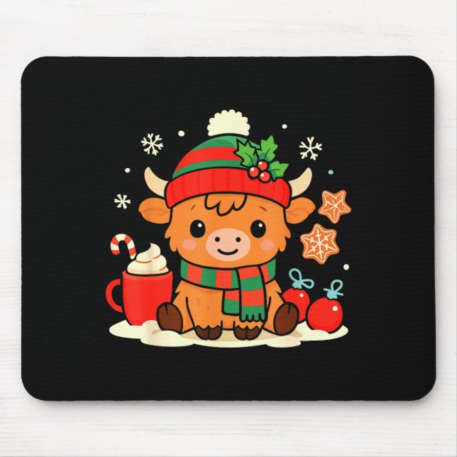 Cute Christmas Highland Cow Heifer Xmas Farm Anima Mousepad (Vorne)