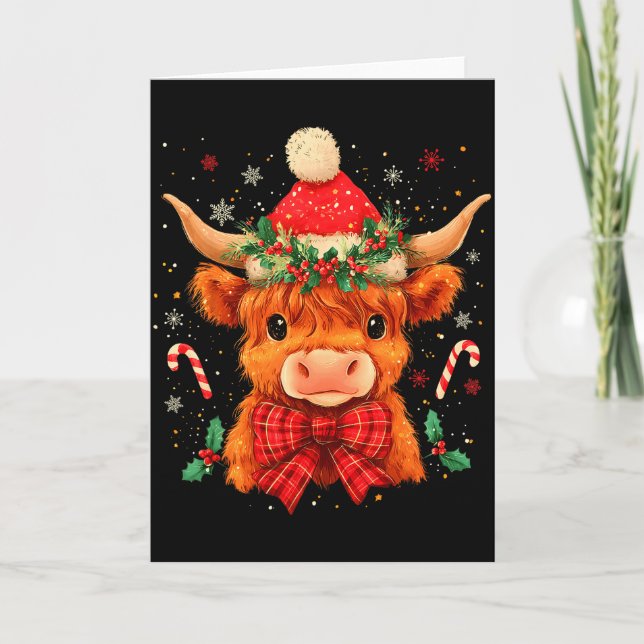 Cute Christmas Highland Cow Mooey Xmas Heifer Sant Karte (Vorderseite)