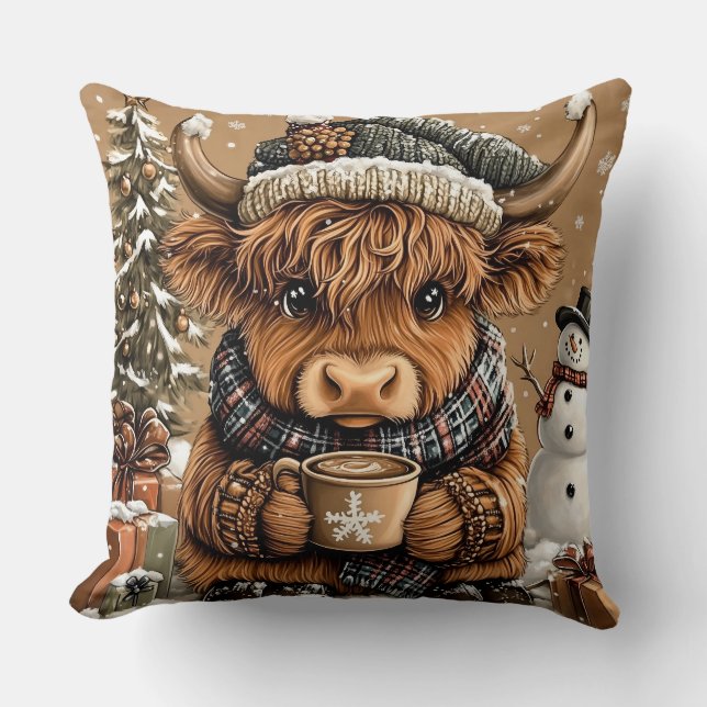 Cute Christmas Highland Cow Throw Pillow Kissen (Vorderseite)