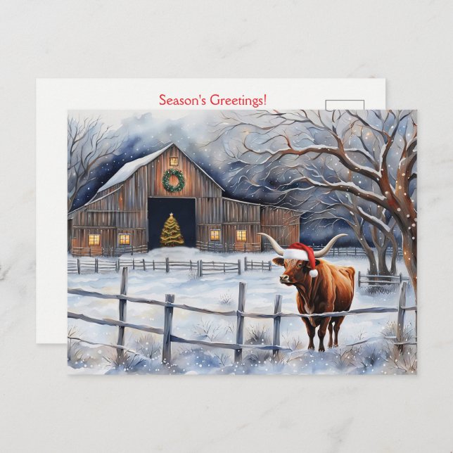 Cute Christmas Holiday Cow and Barn Country Postkarte (Vorne/Hinten)