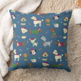 Cute Christmas Holiday Dog Pattern on Blue Kissen