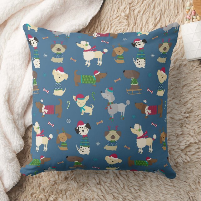 Cute Christmas Holiday Dog Pattern on Blue Kissen (Decke)