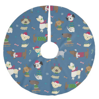 Cute Christmas Holiday Dog Pattern on Blue Polyester Weihnachtsbaumdecke