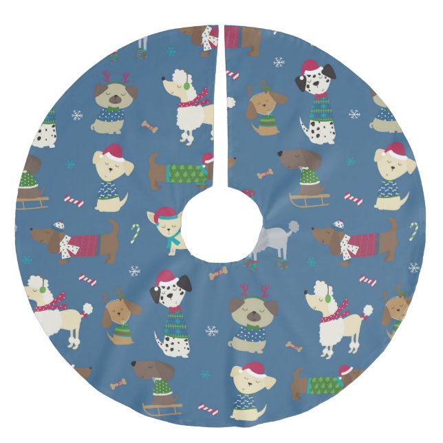 Cute Christmas Holiday Dog Pattern on Blue Polyester Weihnachtsbaumdecke (Vorderseite)