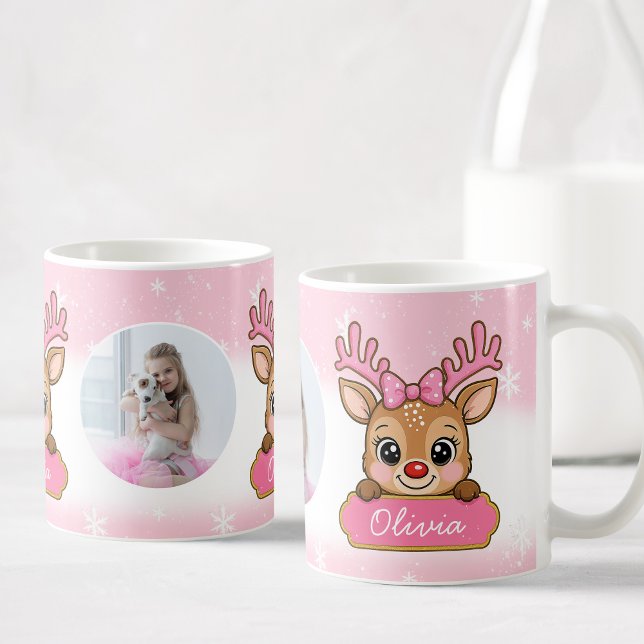 Cute Christmas Holiday Reindeer Pink Girl Kids Kaffeetasse (Von Creator hochgeladen)