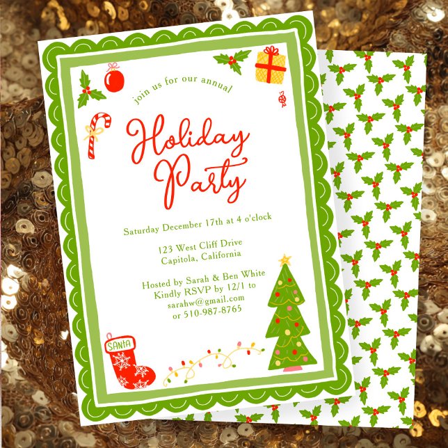 Cute Christmas Icons Scallop CUSTOM Holiday Party Einladung (Cute Christmas Icons Scalloped Edges Whimsical  CUSTOM Holiday Party Invitation
)