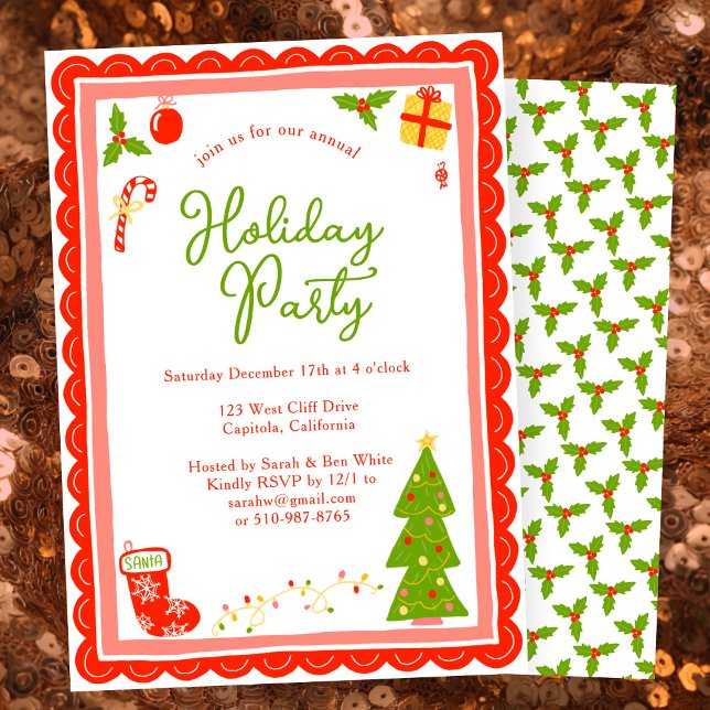 Cute Christmas Icons Scallop CUSTOM Holiday Party Einladung (Cute Christmas Icons Scalloped Edges Whimsical CUSTOM Holiday Party Invitation
)