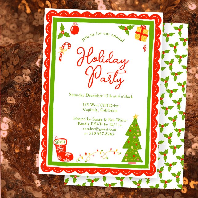 Cute Christmas Icons Scallop CUSTOM Holiday Party Einladung (Cute Christmas Icons Scalloped Edge CUSTOM Holiday Party Invitation
)