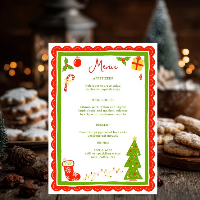 Cute Christmas Icons Scallop CUSTOM Holiday Party Menükarte (Cute Christmas Icons Scalloped CUSTOM Holiday Dinner Party Menu
)