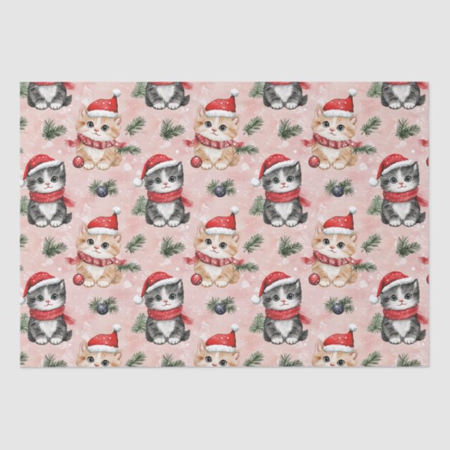 Cute Christmas Kittens on Pink Seidenpapier (Vorderseite)