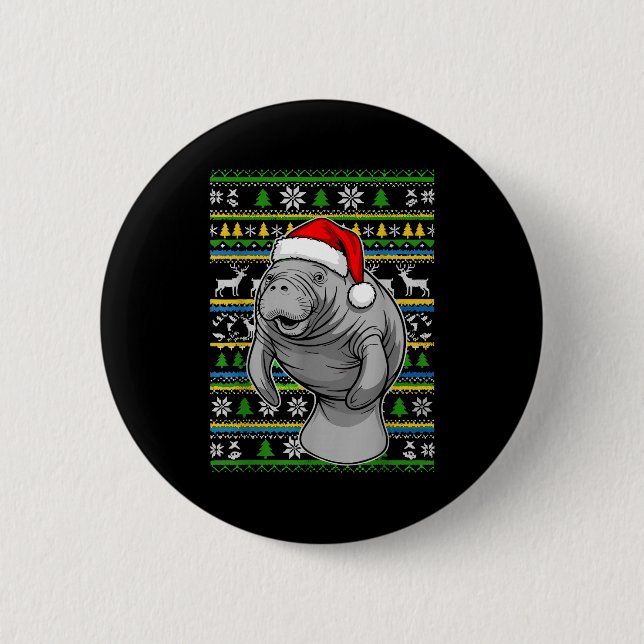 Cute Christmas Manatee Shirt, Manatee Ugly Xmas Sw Button (Vorderseite)
