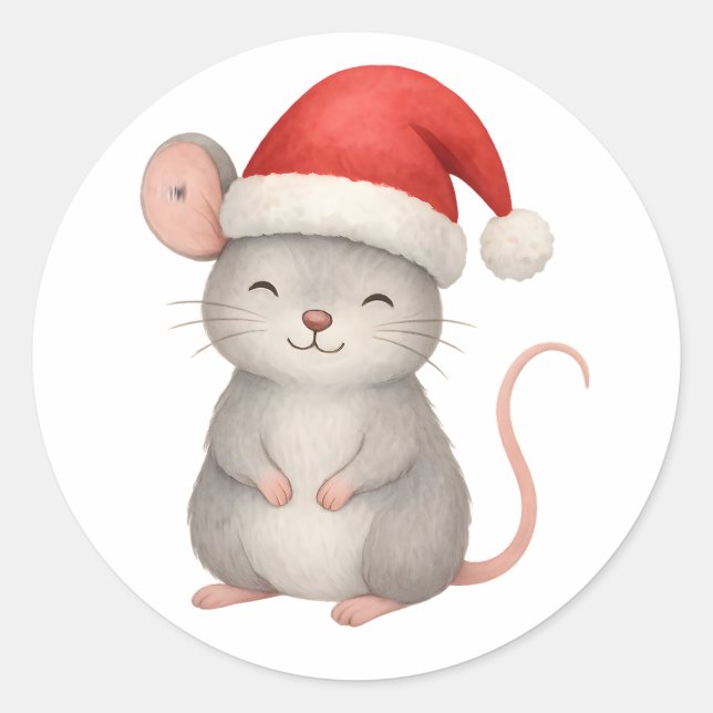 Cute Christmas Mouse in Santa Hat Runder Aufkleber (Vorderseite)