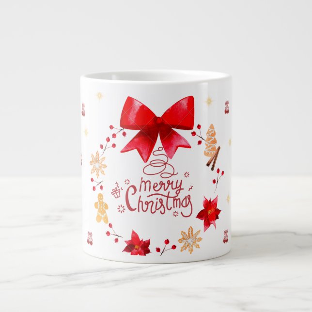 “Cute Christmas Mug with Red Bow Wreath" Jumbo-Tasse (Vorderseite)