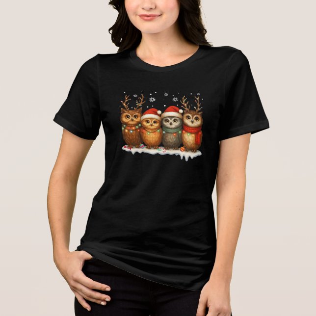 Cute Christmas Owls with Santa Hats & Reindeer  Tri-Blend Shirt (Vorderseite)