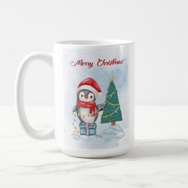 Cute Christmas Penguin Decorating Tree with Lights Kaffeetasse (Links)