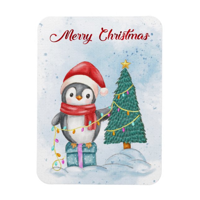 Cute Christmas Penguin Decorating Tree with Lights Magnet (Vertikal)