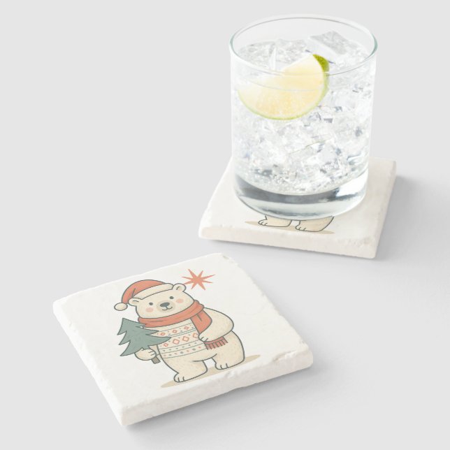 Cute Christmas Polar Bear Scandinavian Winter  Steinuntersetzer (Seitenansicht)