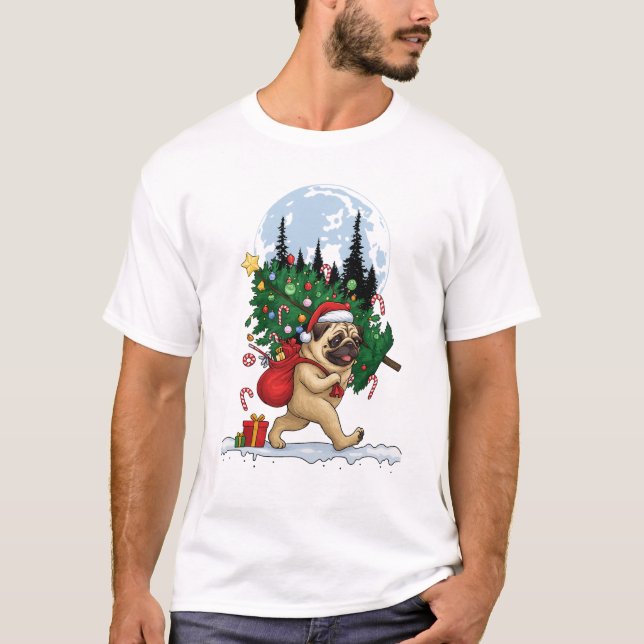 Cute Christmas Pug With Tree and Gifts  T-Shirt (Vorderseite)