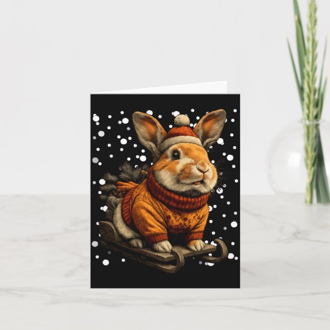 Cute Christmas Rabbit Sledding In Snow Funny Winte Karte (Vorderseite)
